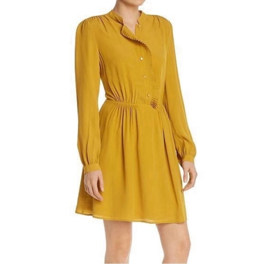 EQUIPMENT Femme‎ Silk Blend Mustard Color Davingnon Ruffle Placket Mini Dress